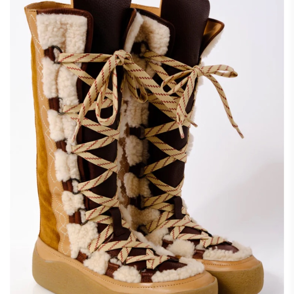 FP Movement by Free People Shearling Lace-Up Boots in Brown and Cream
